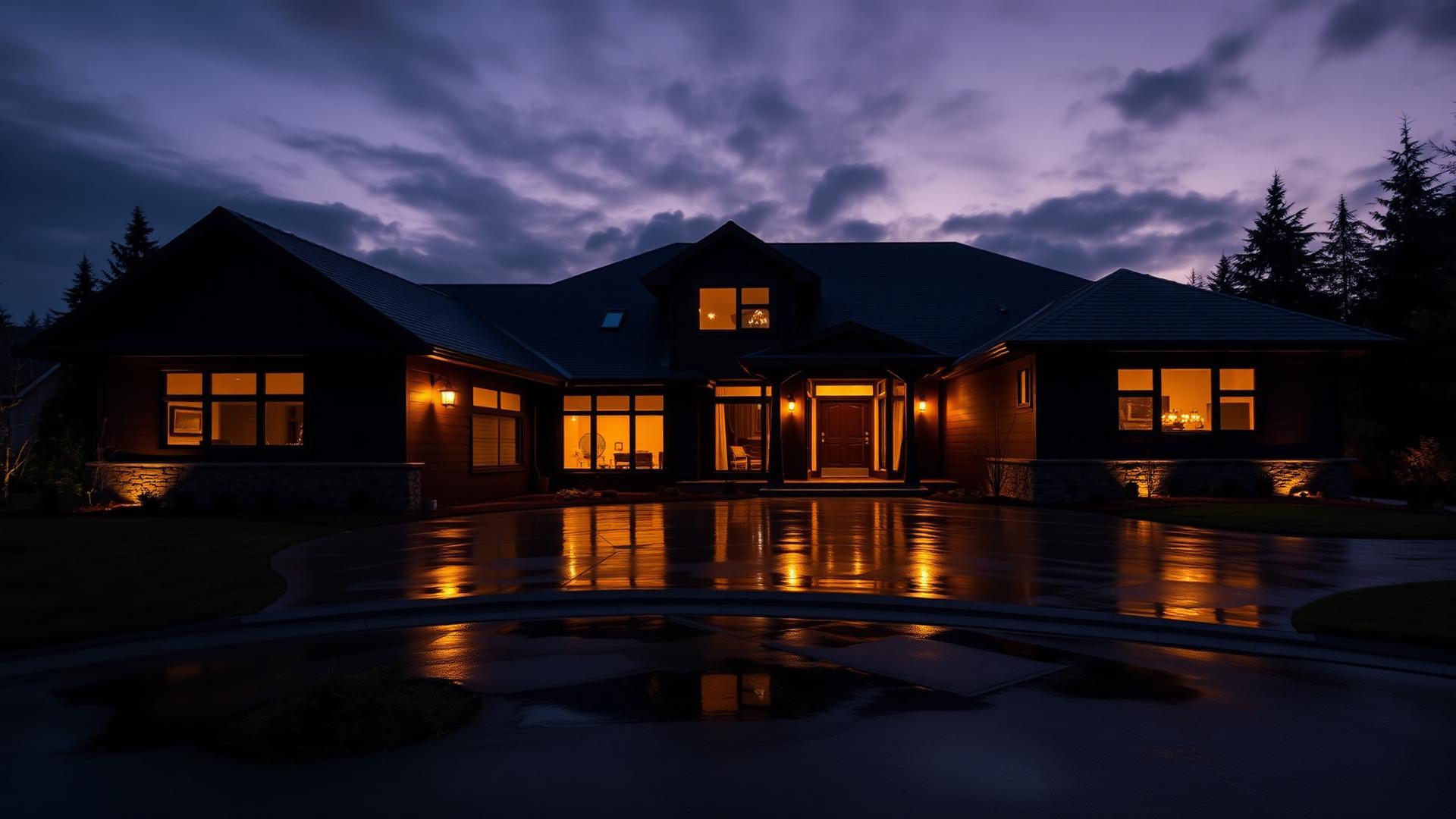 Luxury Pacific Northwest home at dusk
