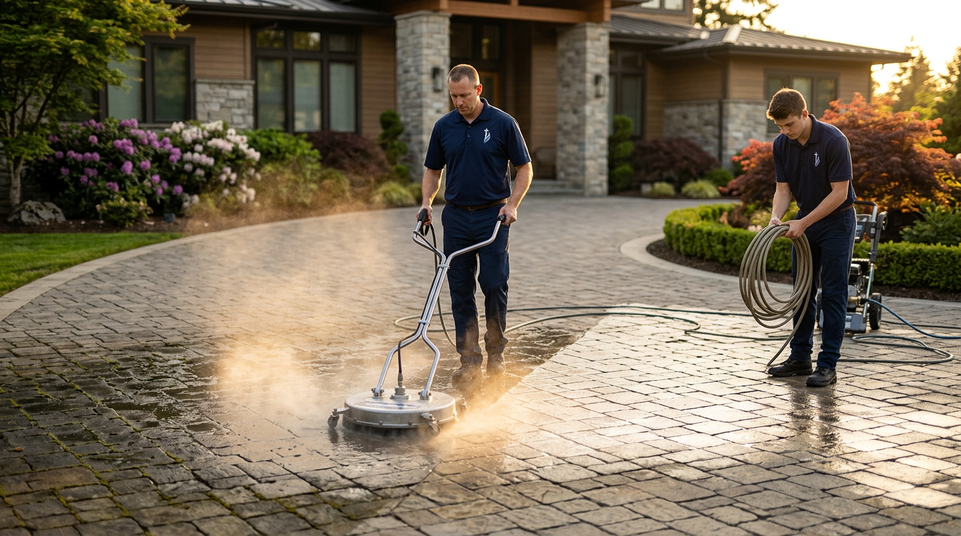 Elite Pressure Washing technician restoring a luxury driveway at golden hour